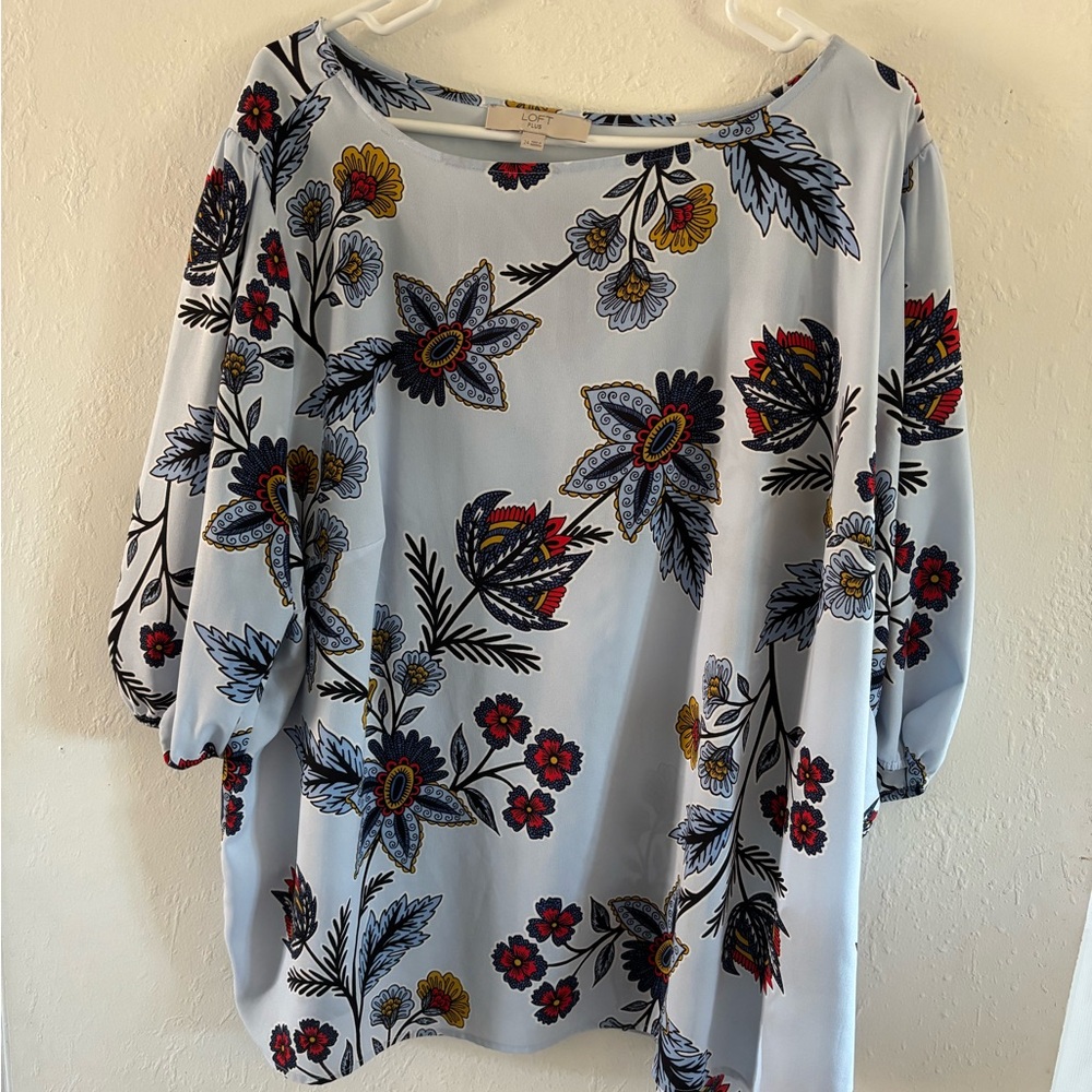 LOFT Blue Floral Blouse with Red and Yellow Accents